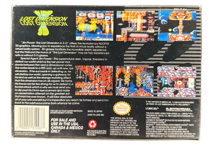 Jim Power The Lost Dimension Super Nintendo Entertainment System SNES retro video game action platformer featuring fast paced side scrolling combat challenging levels futuristic enemies power ups classic 16 bit graphics Super Nintendo gaming experience retro game collection appeal back cover art
