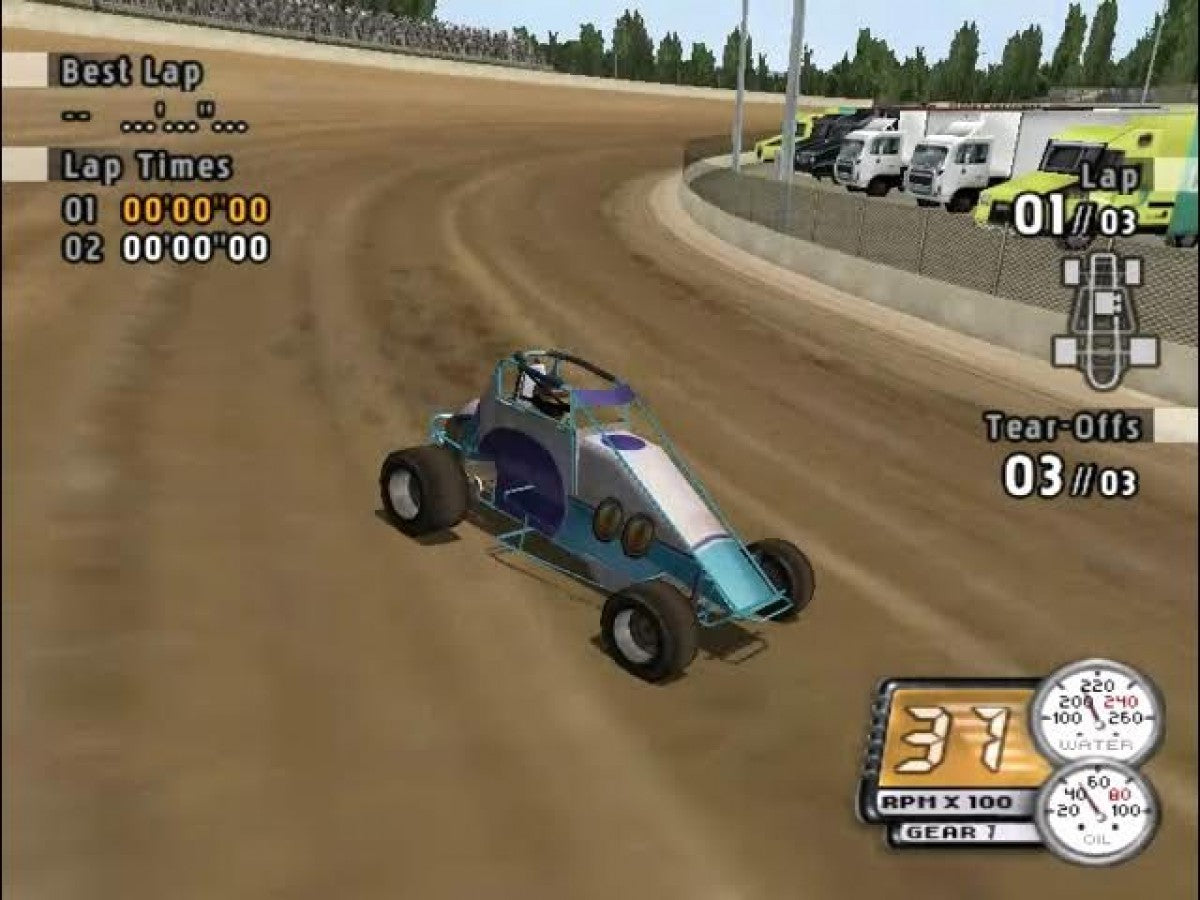 Sprint Cars 2 Showdown at Eldora for the PlayStation 2 featuring dirt track racing gameplay high speed sprint car competition realistic handling and competitive racing action at Eldora Speedway gameplay