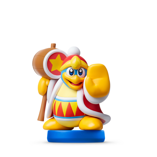 King Dedede Amiibo loose featuring King Dedede from Kirby, wielding his giant wooden hammer and wearing his red royal coat with white trim, compatible with Super Smash Bros. bonuses.
