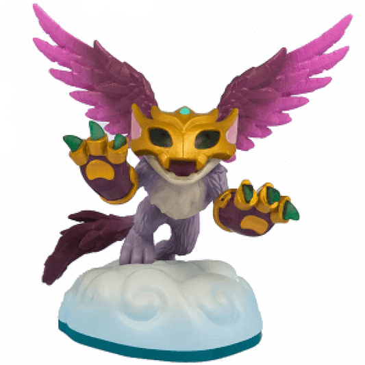 Scratch Skylanders Swap Force figure, air element feline warrior with wings, purple fur and sharp claws, posed in agile attack stance, detailed collectible toy on portal base from Skylanders Swap Force series