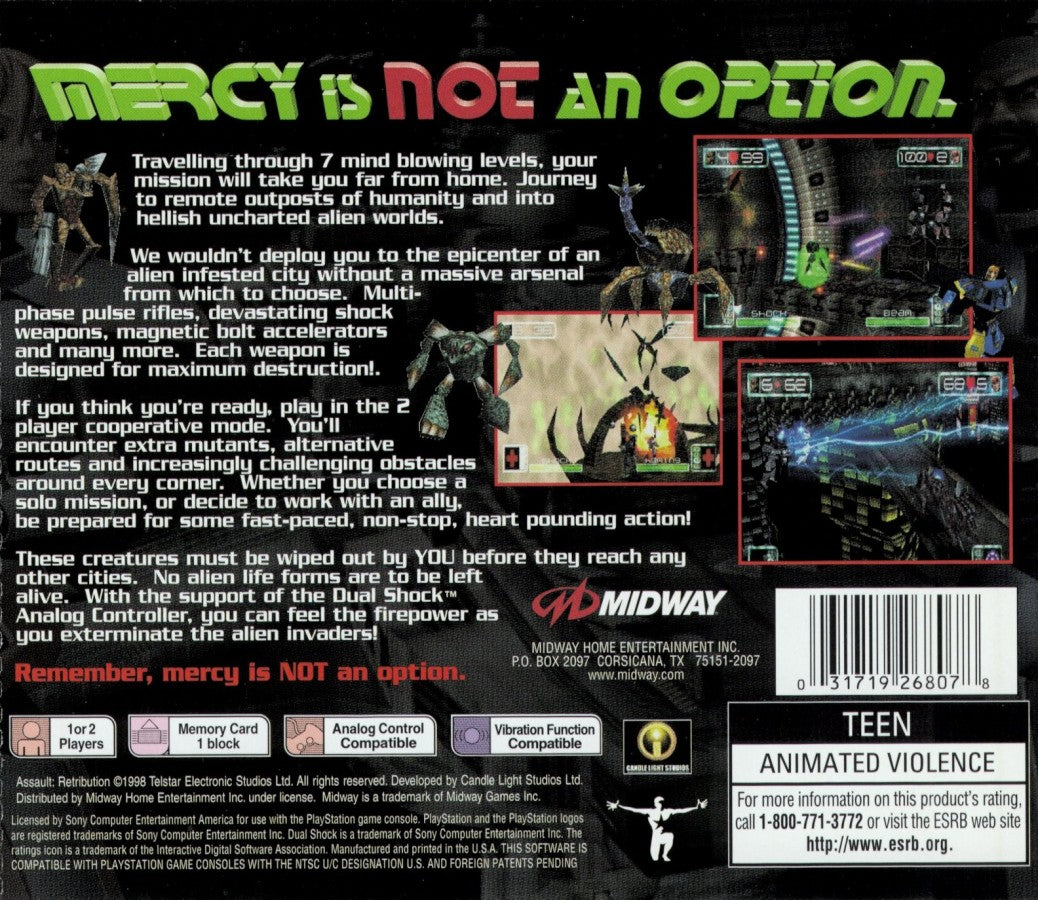 Assault: Retribution PlayStation 1 PS1 for third person shooter retro video game fans featuring futuristic sci fi combat alien enemies powerful weapons intense action cinematic gameplay explosive firefights challenging missions collectible gaming appeal back of case