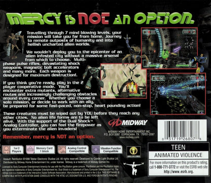 Assault: Retribution PlayStation 1 PS1 for third person shooter retro video game fans featuring futuristic sci fi combat alien enemies powerful weapons intense action cinematic gameplay explosive firefights challenging missions collectible gaming appeal back of case