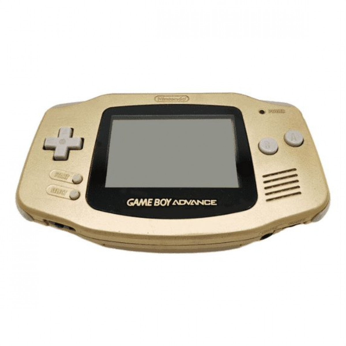 Front view of a gold Game Boy Advance console with metallic casing, widescreen display, and standard button layout.