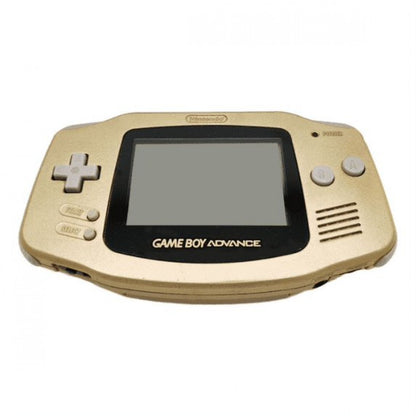 Front view of a gold Game Boy Advance console with metallic casing, widescreen display, and standard button layout.