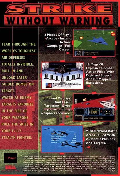 F-117 Night Storm Sega Genesis GEN for retro video game enthusiasts featuring military flight simulation gameplay stealth bomber missions realistic aerial combat strategic targeting cockpit action challenging objectives and collectible gaming appeal back cover