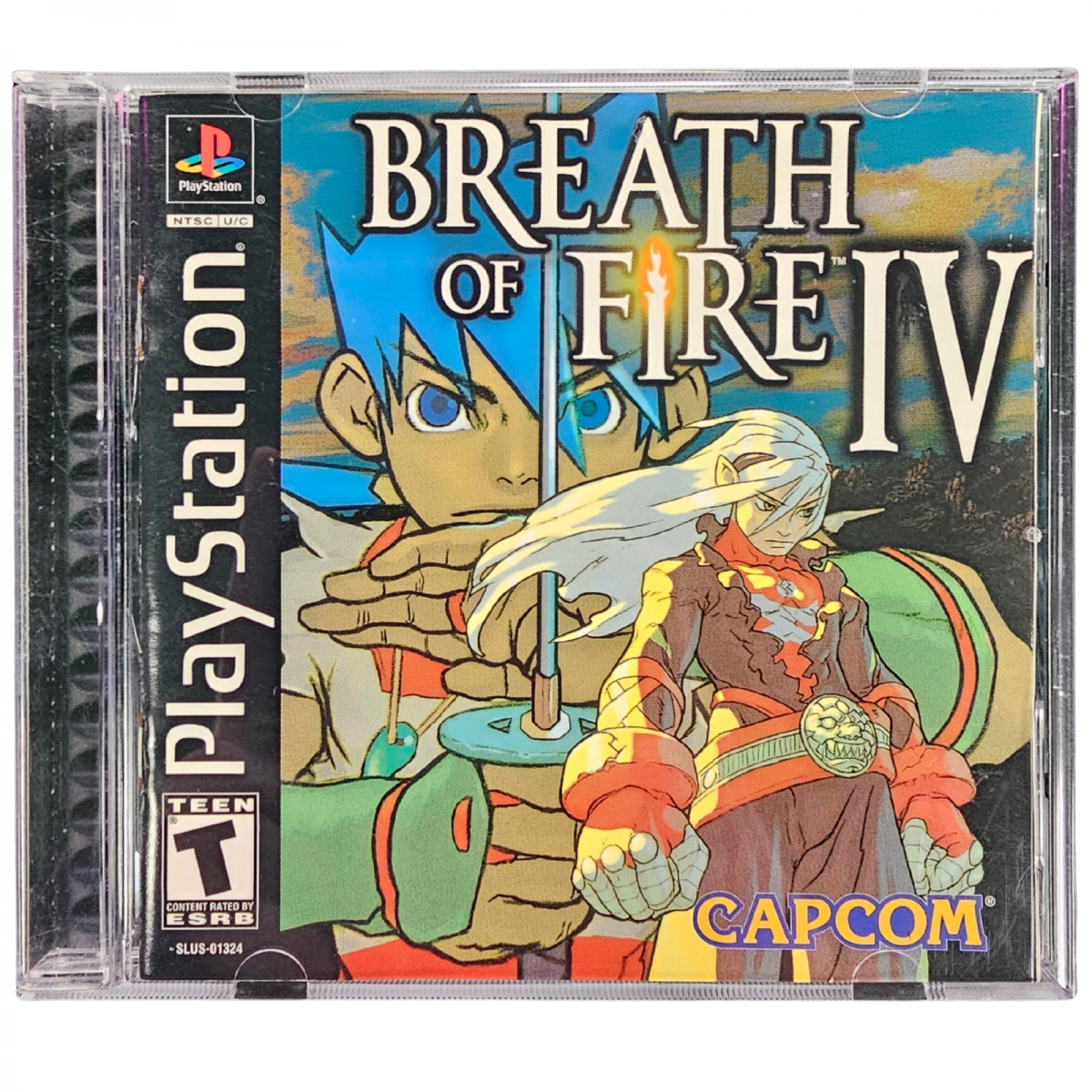 Breath of Fire IV CIB PlayStation 1 PS1 role playing video game featuring epic fantasy adventure turn-based battles powerful magic dragon transformations character development exploration memorable characters challenging enemies and classic PlayStation 1 PS1 gameplay complete in box collectible retro gaming appeal front cover art
