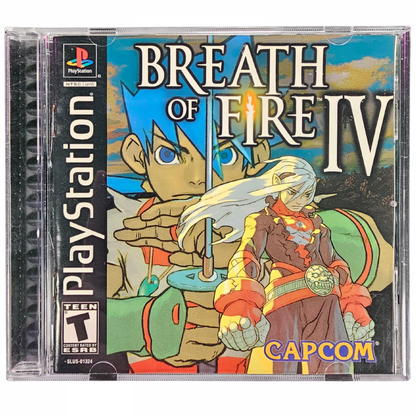 Breath of Fire IV CIB PlayStation 1 PS1 role playing video game featuring epic fantasy adventure turn-based battles powerful magic dragon transformations character development exploration memorable characters challenging enemies and classic PlayStation 1 PS1 gameplay complete in box collectible retro gaming appeal front cover art