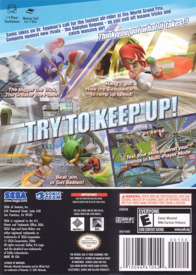 Sonic Riders Player’s Choice Nintendo GameCube for retro video game enthusiasts featuring high speed hoverboard racing gameplay competitive Sonic universe characters boost based mechanics futuristic tracks and arcade style racing action and collectible gaming appeal back cover