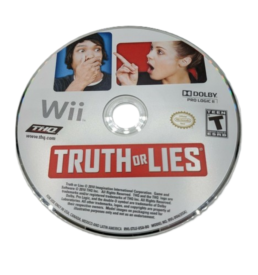 Truth or Lies disc art for Nintendo Wii (Wii) featuring party quiz gameplay with a microphone, asking revealing questions and testing honesty in group challenges.