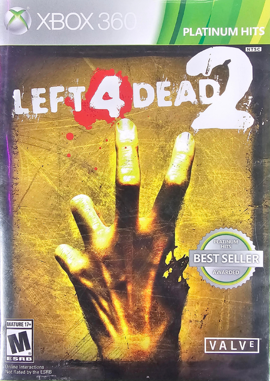 Left 4 Dead 2 Platinum Hits Xbox 360 for first person shooter and survival horror video game fans featuring cooperative multiplayer zombie apocalypse gameplay intense infected battles campaign missions special infected characters melee weapons online teamwork fast paced action collectible gaming appeal front cover art