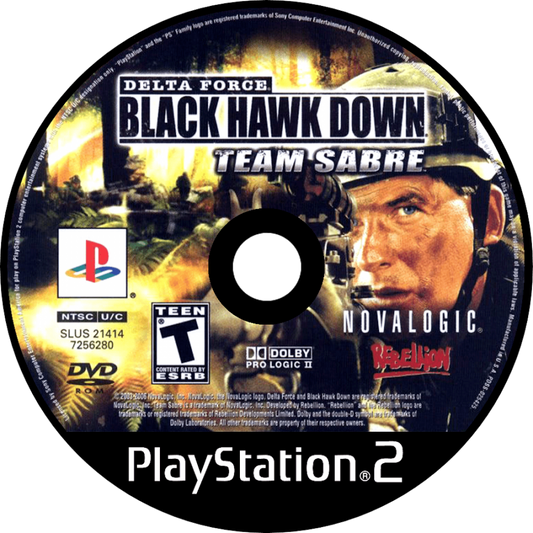 Delta Force Black Hawk Down Team Sabre PlayStation 2 PS2 for tactical military shooter video game fans featuring special forces combat missions realistic weapons squad based strategy desert warfare environments stealth operations multiplayer battles intense modern military action collectible gaming appeal disc
