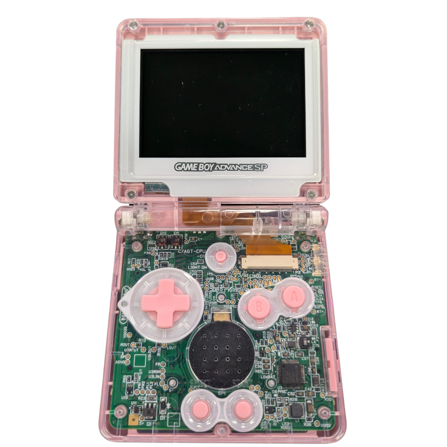 Game Boy Advance SP GBA SP handheld console custom pink shell replacement clamshell design backlit screen rechargeable battery Nintendo portable retro gaming open