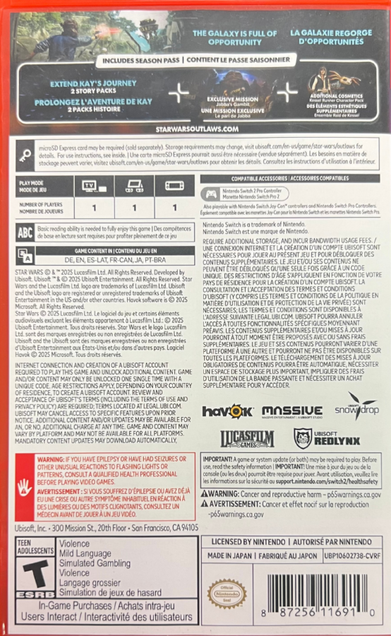 Star Wars Outlaws Nintendo Switch 2 NS2 for action adventure video game fans featuring Kay Vess Nix open world Star Wars exploration crime syndicates blaster combat stealth missions speeder travel space battles gadgets and immersive Nintendo Switch 2 gameplay collectible gaming appeal back cover art