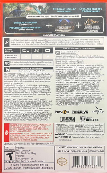Star Wars Outlaws Nintendo Switch 2 NS2 for action adventure video game fans featuring Kay Vess Nix open world Star Wars exploration crime syndicates blaster combat stealth missions speeder travel space battles gadgets and immersive Nintendo Switch 2 gameplay collectible gaming appeal back cover art