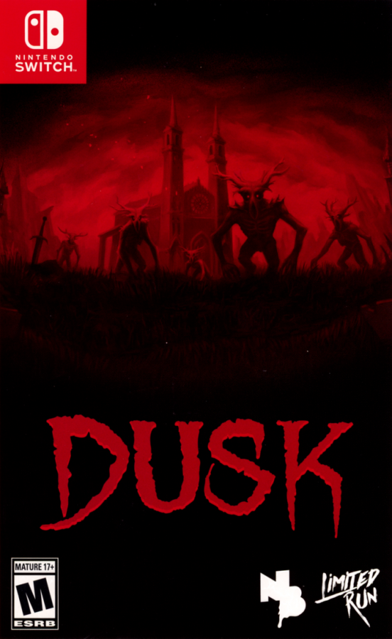 DUSK Nintendo Switch inspired design featuring retro inspired first person shooter aesthetic fast paced combat gothic horror environments relentless enemy encounters classic arena action old school gameplay intensity and atmospheric adventure presentation front cover