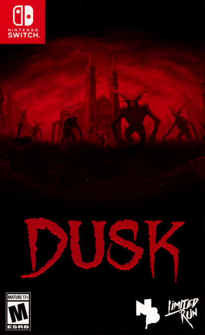 DUSK Nintendo Switch inspired design featuring retro inspired first person shooter aesthetic fast paced combat gothic horror environments relentless enemy encounters classic arena action old school gameplay intensity and atmospheric adventure presentation front cover