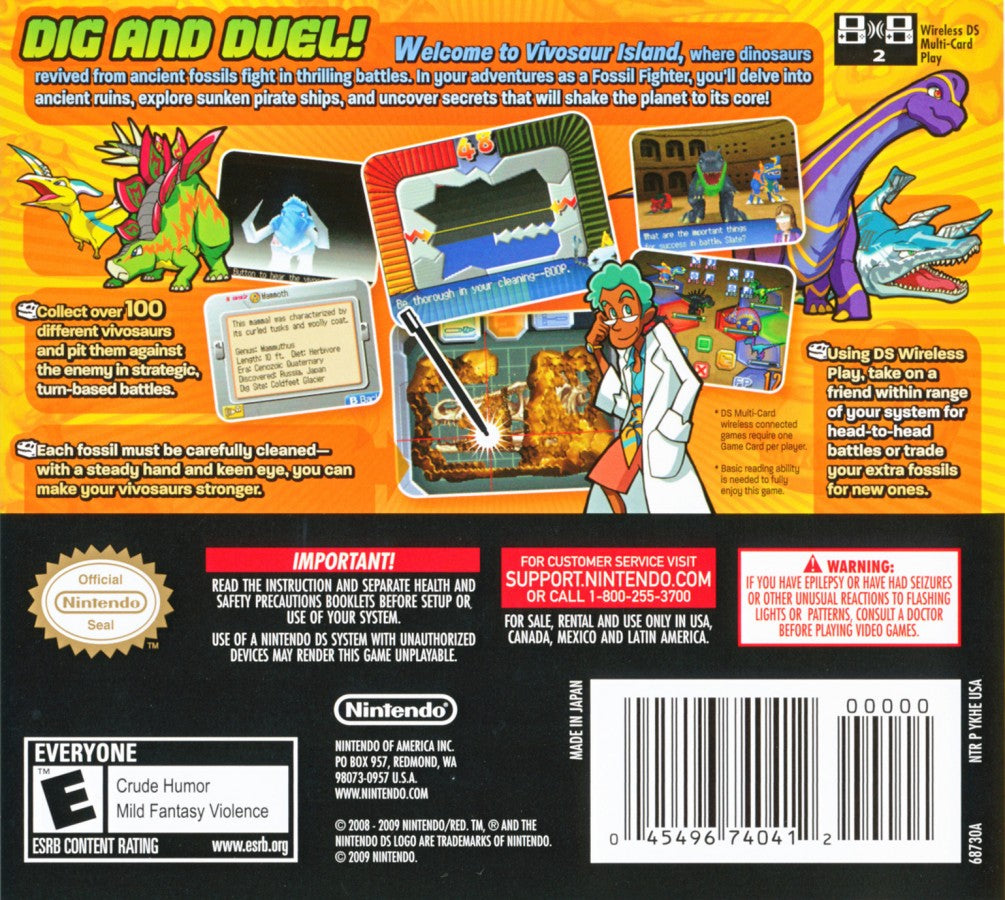Fossil Fighters Nintendo DS DS role playing adventure video game featuring fossil excavation dinosaur fossils prehistoric creatures turn-based battles fossil restoration team building exploration museums and classic Nintendo DS DS gameplay collectible retro gaming appeal back cover art
