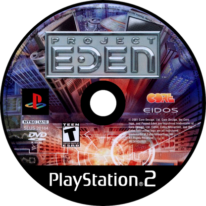 Project Eden PlayStation 2 PS2 video game, action adventure shooter, cooperative gameplay, sci-fi exploration, console title disc