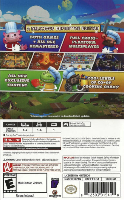 Overcooked All You Can Eat for Nintendo Switch, back of case for a cooperative cooking simulation video game with chaotic kitchen gameplay, multiplayer challenges, remastered visuals, and party-style action