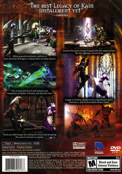 Legacy of Kain Defiance PS2 Sony PlayStation 2 action adventure hack and slash gothic vampire story Raziel Kain combat puzzles dark fantasy narrative Crystal Dynamics retro gaming PlayStation 2 software video game title back cover art
