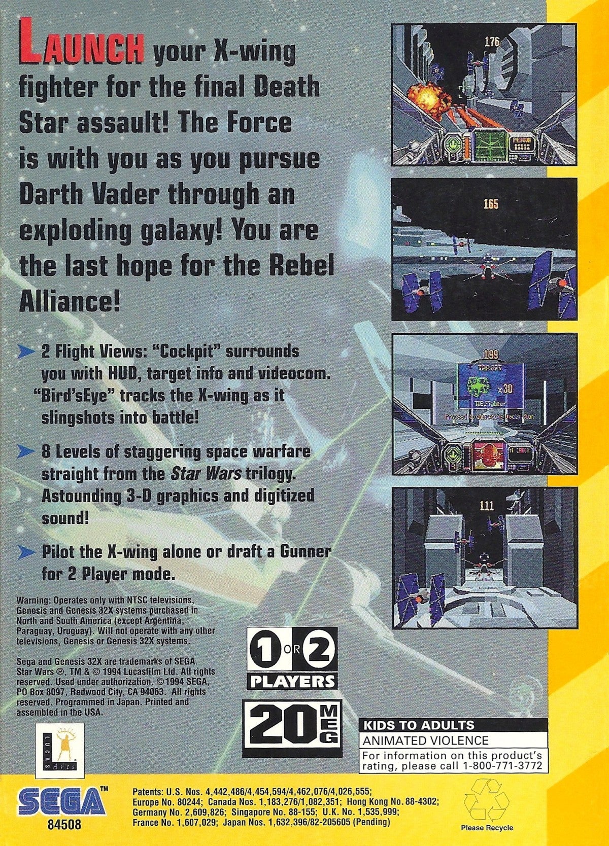 Star Wars Arcade Sega 32X retro video game rail shooter back of case (1994)