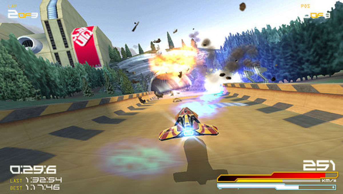 Wipeout Pure UMD for the PlayStation Portable featuring futuristic anti gravity racing gameplay with high speed tracks electronic soundtrack and competitive time trial and multiplayer modes gameplay  