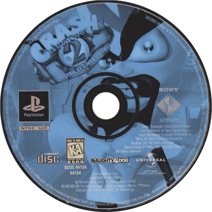 Crash Bandicoot 2 Cortex Strikes Back PlayStation PS1 for platformer video game fans featuring classic 3D platforming gameplay colorful environments challenging levels spin attacks jumping obstacles collectible gems Wumpa fruit adventures iconic Crash Bandicoot action classic PlayStation gaming collectible appeal game disc