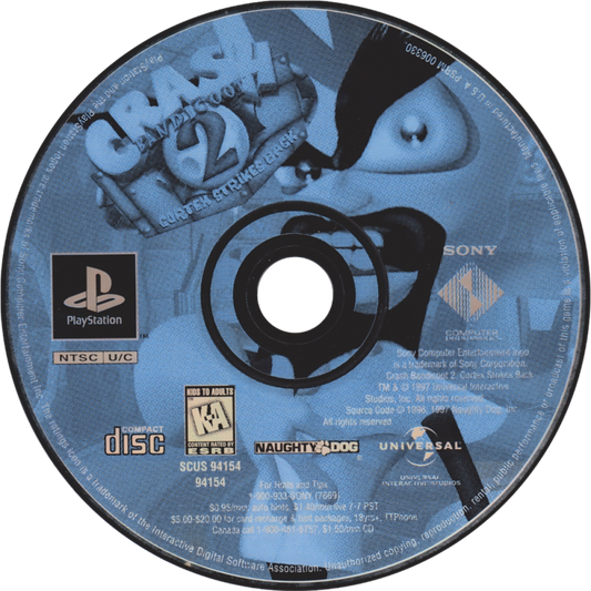 Crash Bandicoot 2 Cortex Strikes Back PlayStation PS1 for platformer video game fans featuring classic 3D platforming gameplay colorful environments challenging levels spin attacks jumping obstacles collectible gems Wumpa fruit adventures iconic Crash Bandicoot action classic PlayStation gaming collectible appeal game disc