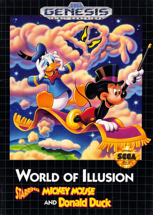 World of Illusion Starring Mickey Mouse and Donald Duck Sega Genesis retro video game platformer cover art (1992)