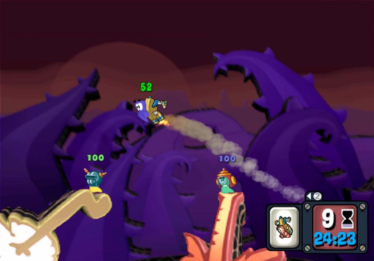 Worms: A Space Oddity gameplay for Nintendo Wii (Wii) featuring turn‑based artillery combat with quirky worm characters, new space‑themed weapons, and destructible intergalactic battlefields