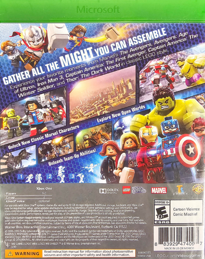 LEGO Marvel's Avengers Xbox One XONE for action adventure video game fans featuring Marvel superheroes LEGO characters Captain America Iron Man Thor Hulk Black Widow and Hawkeye super powers combat puzzle solving open world exploration and family friendly superhero gameplay collectible gaming appeal back cover art