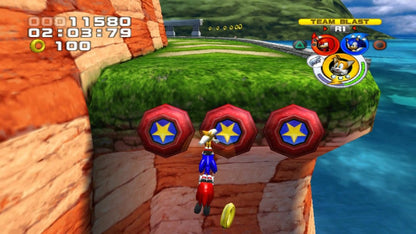 Sonic Heroes [Greatest Hits] for PlayStation 2 (PS2) at Gamers INC, featuring the high-speed team-based evolution of the Sonic franchise where you control three characters at once—Speed, Power, and Flight types—to navigate massive environments and defeat Dr. Eggman; this Greatest Hits edition brings the multi-perspective journey of four unique teams to the PS2, offering refined platforming action and cooperative mechanics that redefined the Blue Blur’s 3D era gameplay screenshot