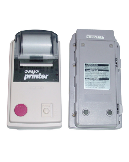 Nintendo Game Boy Printer original handheld accessory for Game Boy Camera featuring thermal printing for photos stickers and screenshots compatible with classic Game Boy systems front and back display of printer and labels