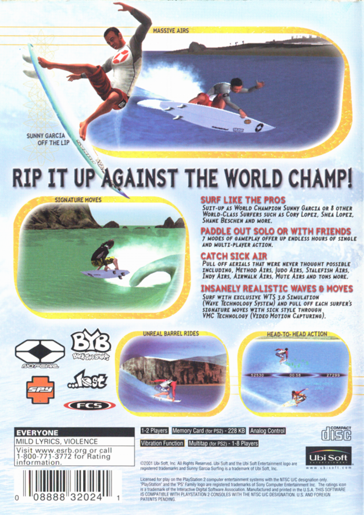 Sunny Garcia Surfing for PlayStation 2 surfing sports game featuring real world beaches pro surfer Sunny Garcia trick system competition modes arcade style gameplay back cover