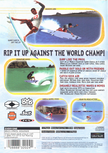 Sunny Garcia Surfing for PlayStation 2 surfing sports game featuring real world beaches pro surfer Sunny Garcia trick system competition modes arcade style gameplay back cover