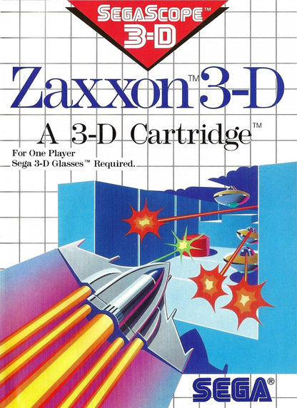 Zaxxon 3D Sega Master System SMS for arcade shooter video game fans featuring three dimensional scrolling gameplay futuristic space environments enemy aircraft obstacles missile attacks fuel management high score challenges and classic Sega Master System action collectible retro gaming appeal front cover art