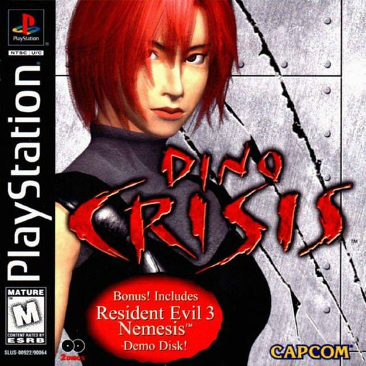 Dino Crisis with Demo Disc PlayStation PS1 for survival horror video game fans featuring dinosaur survival gameplay intense action cinematic storytelling puzzle solving resource management terrifying encounters classic Capcom horror adventure bonus demo disc collectible gaming appeal front cover