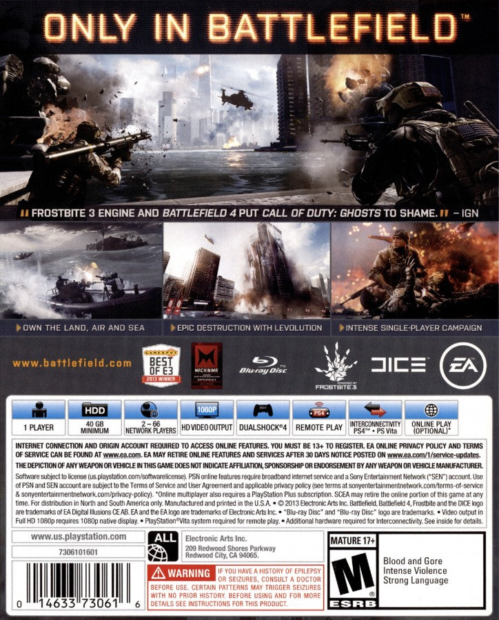 Battlefield 4 PS4 game featuring large-scale multiplayer warfare, realistic military combat, and intense first-person shooter action gameplay back cover art