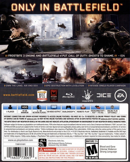 Battlefield 4 PS4 game featuring large-scale multiplayer warfare, realistic military combat, and intense first-person shooter action gameplay back cover art