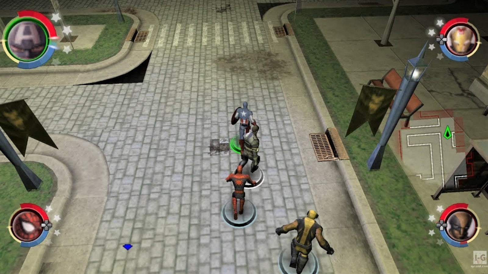 Marvel Ultimate Alliance 2 PlayStation 2 action RPG superhero team video game featuring Spider-Man Wolverine Captain America Iron Man Civil War storyline pro-registration anti-registration conflict fusion powers character customization four-player co-op beat em up gameplay comic book villain team ups Marvel universe roster alternate costumes stat upgrades gameplay screenshot