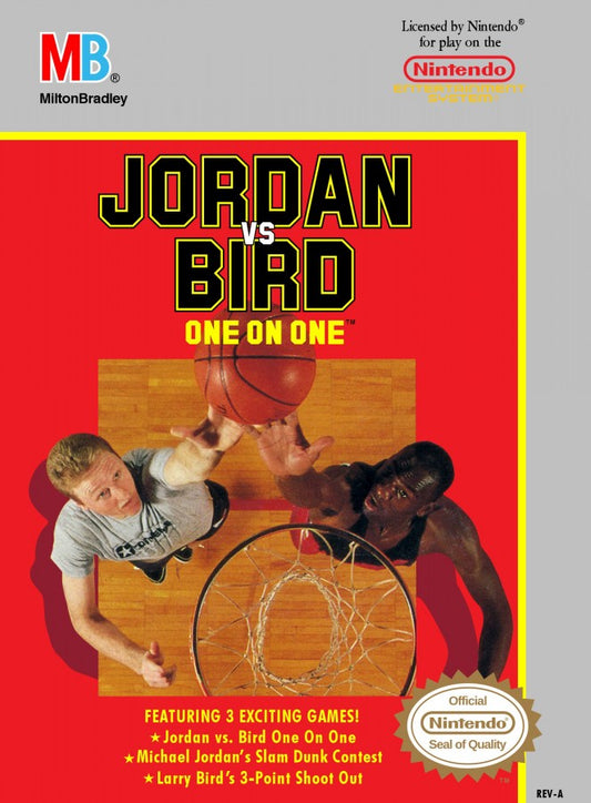 Jordan vs Bird One on One Nintendo Entertainment System NES video game featuring basketball gameplay Michael Jordan Larry Bird one on one matches shooting challenges dunking competitions free throw contests and classic 8 bit Nintendo sports gameplay retro video game collection collectible gaming appeal front cover art