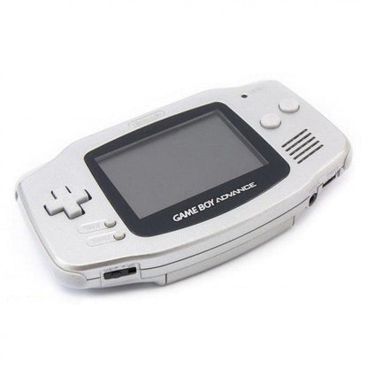 Front view of a platinum Game Boy Advance console with metallic silver casing, single widescreen display, and standard button layout.
