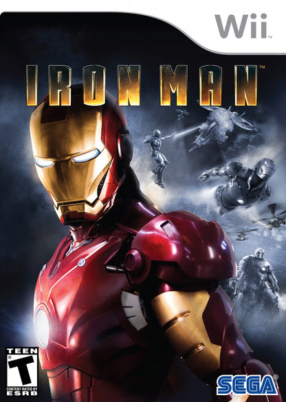 Iron Man Nintendo Wii Wii video game featuring action adventure gameplay Iron Man armored combat repulsor blasts missile attacks enemy battles flight missions superhero action and classic Nintendo Wii gameplay retro video game collection collectible gaming appeal front cover art