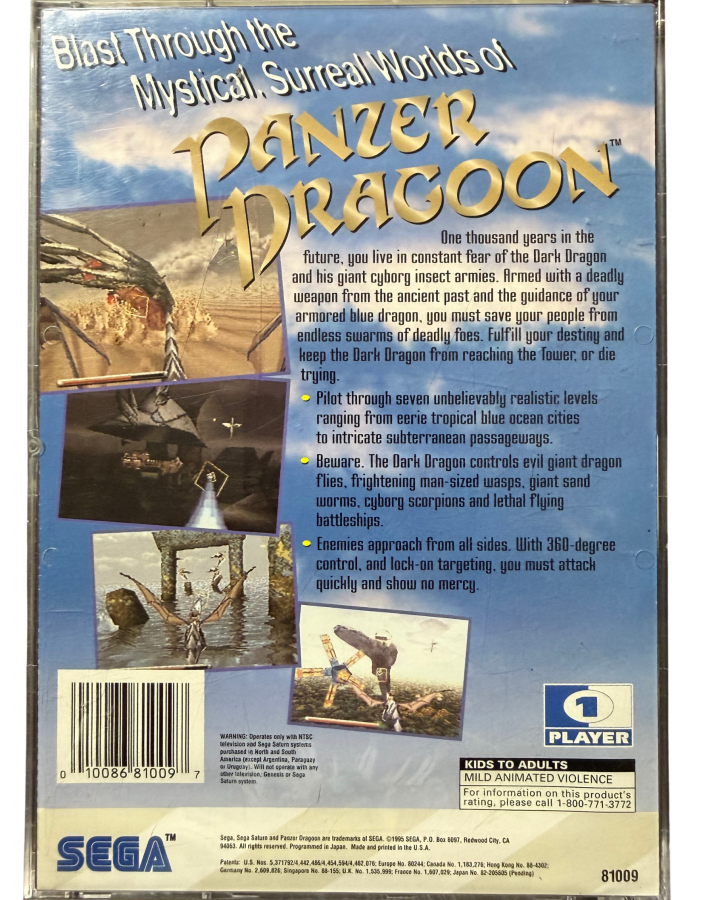 Panzer Dragoon Sega Saturn for retro video game enthusiasts featuring classic rail shooter gameplay dragon riding aerial combat fantasy sci fi environments intense enemy battles powerful weapons and collectible gaming appeal back cover art
