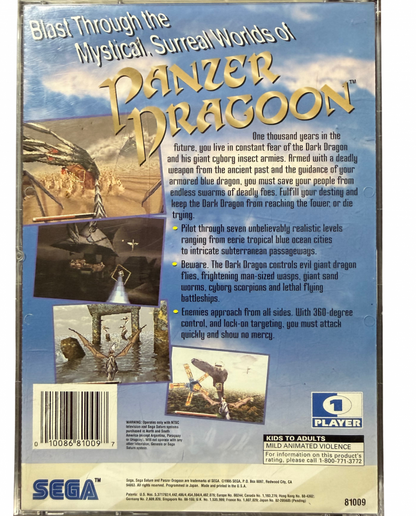 Panzer Dragoon Sega Saturn for retro video game enthusiasts featuring classic rail shooter gameplay dragon riding aerial combat fantasy sci fi environments intense enemy battles powerful weapons and collectible gaming appeal back cover art