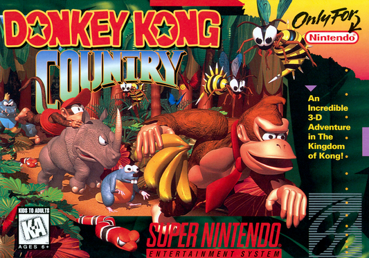 Donkey Kong Country for Super Nintendo Entertainment System (SNES) – original cartridge with classic jungle cover art featuring Donkey Kong and Diddy Kong cover art