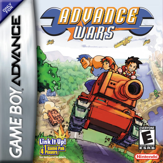 Advance Wars cartridge for the Game Boy Advance featuring turn based strategy gameplay with grid based combat commanding units resource management and campaign missions with colorful military commanders cover art