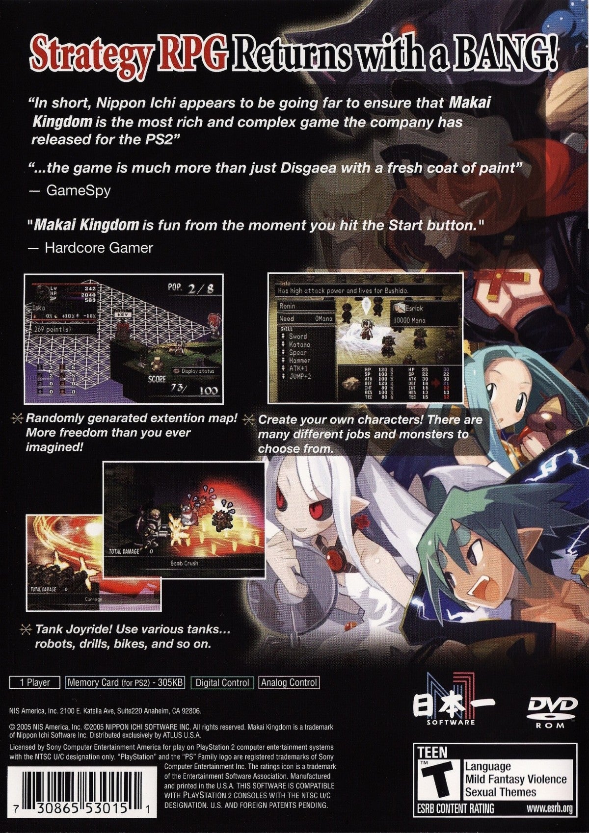 Makai Kingdom Chronicles of the Sacred Tome game for the PlayStation 2 featuring tactical RPG gameplay with grid free movement humorous storylines character customization and strategic battles in a colorful Netherworld setting back cover art