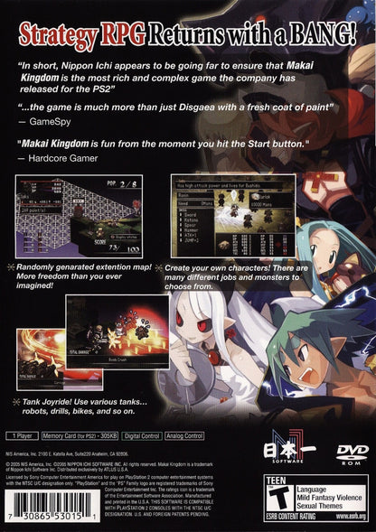 Makai Kingdom Chronicles of the Sacred Tome game for the PlayStation 2 featuring tactical RPG gameplay with grid free movement humorous storylines character customization and strategic battles in a colorful Netherworld setting back cover art