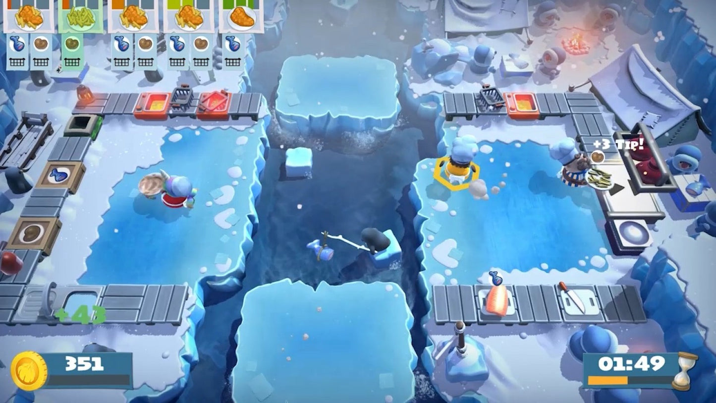 Overcooked All You Can Eat for Nintendo Switch, gameplay for a cooperative cooking simulation video game with chaotic kitchen gameplay, multiplayer challenges, remastered visuals, and party-style action